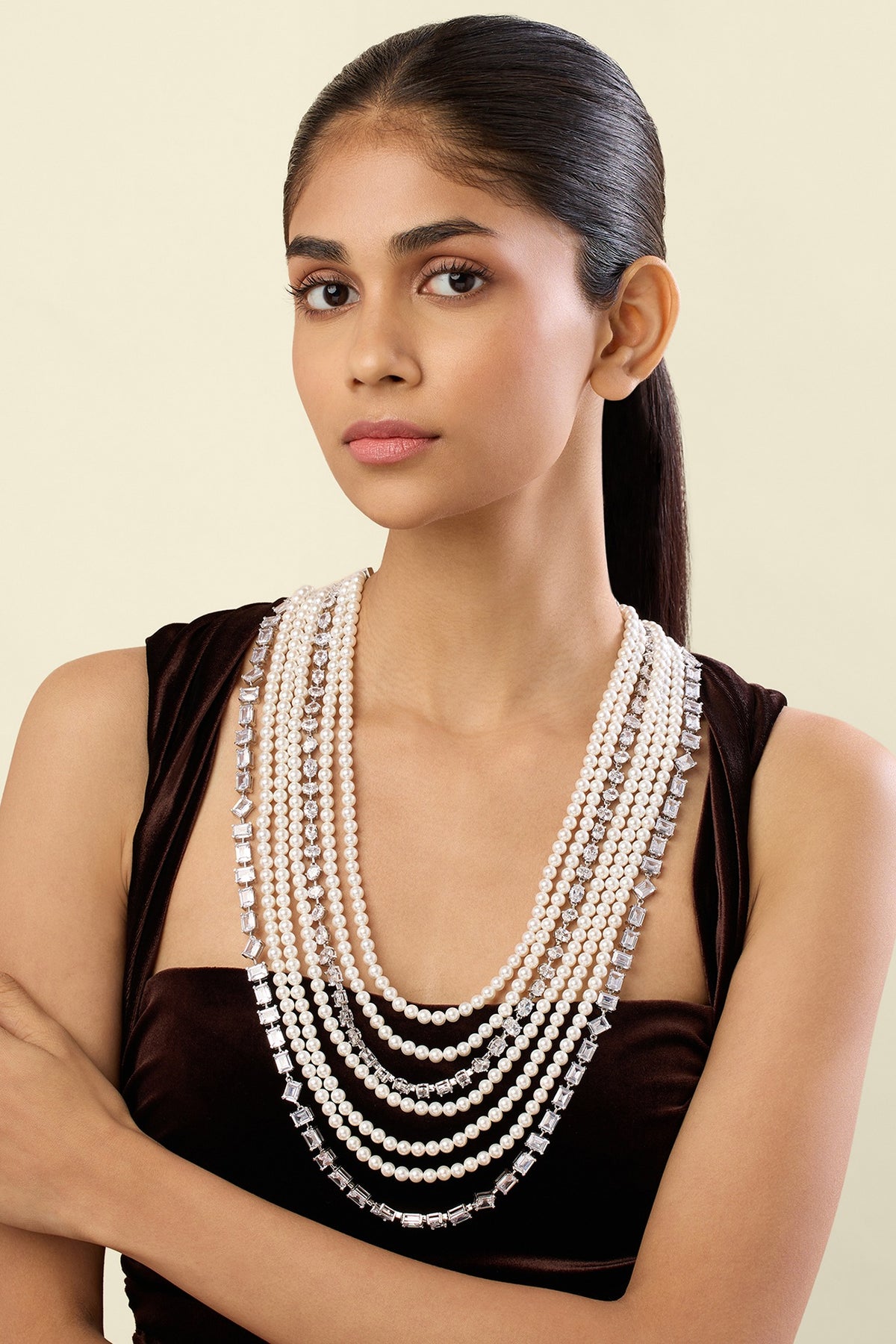 White Rhodium Finish Crystal Zirconia Long Necklace