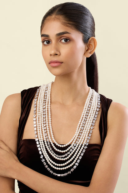 White Rhodium Finish Crystal Zirconia Long Necklace