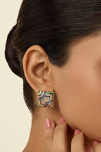 Gold Plated Crystal Zirconia Multi-Colored Enameled Stud Earrings