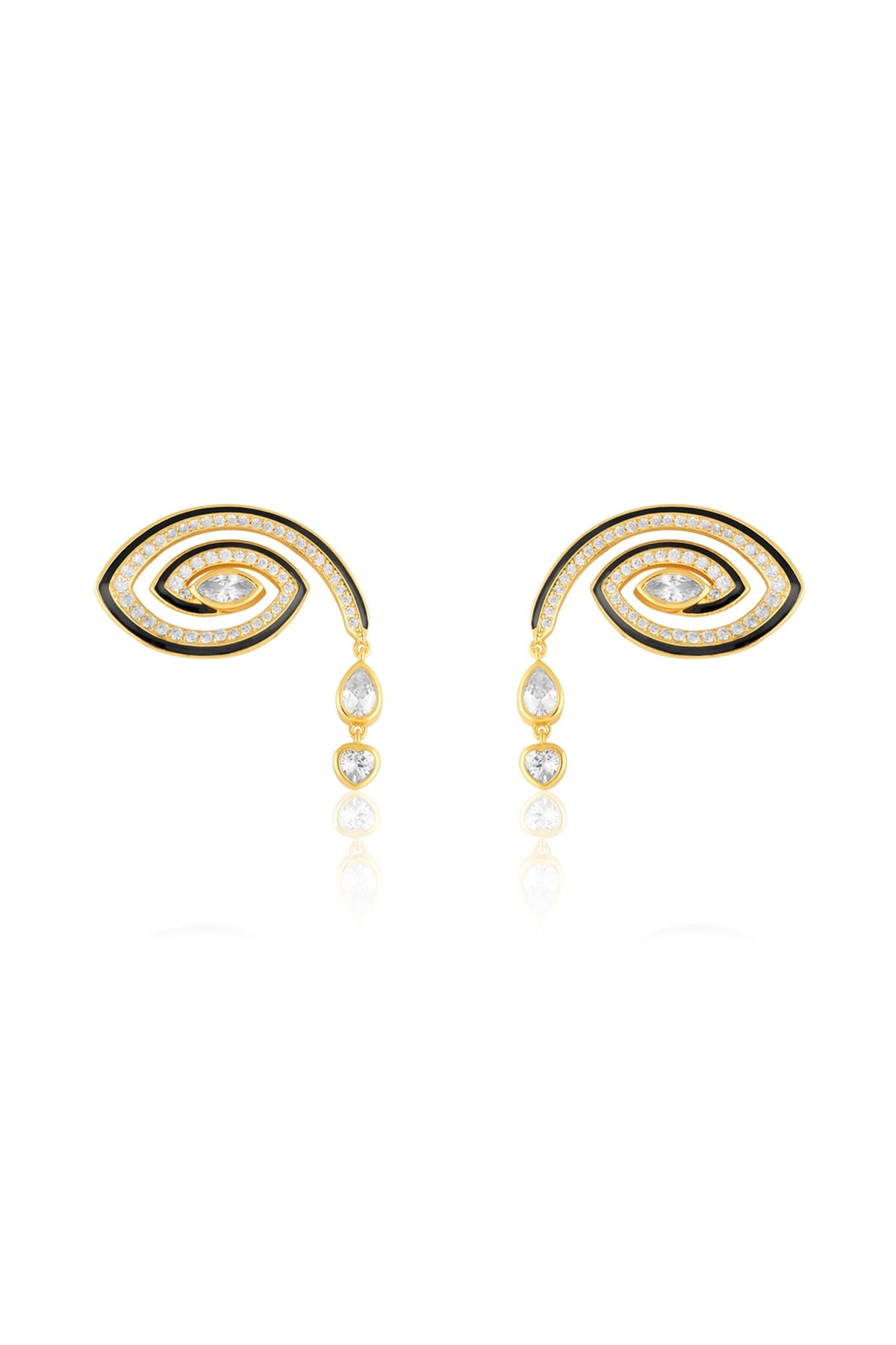 Gold Plated Crystal Zirconia Black Enameled Stud Earrings