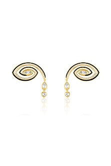 Gold Plated Crystal Zirconia Black Enameled Stud Earrings