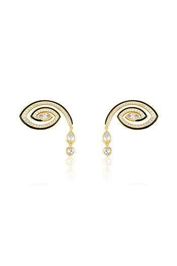 Gold Plated Crystal Zirconia Black Enameled Stud Earrings