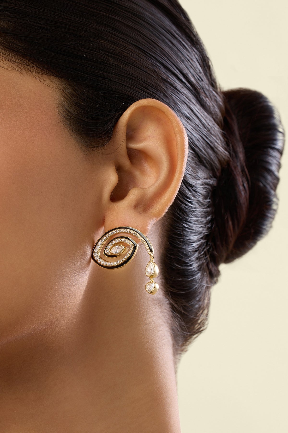 Gold Plated Crystal Zirconia Black Enameled Stud Earrings