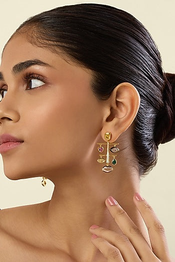 Gold Plated Crystal Zirconia Multi-Colored Enameled Dangler Earrings