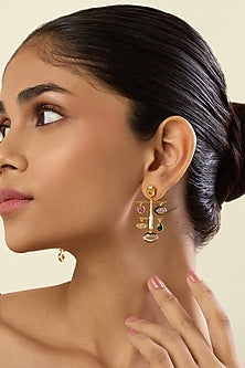 Gold Plated Crystal Zirconia Multi-Colored Enameled Dangler Earrings