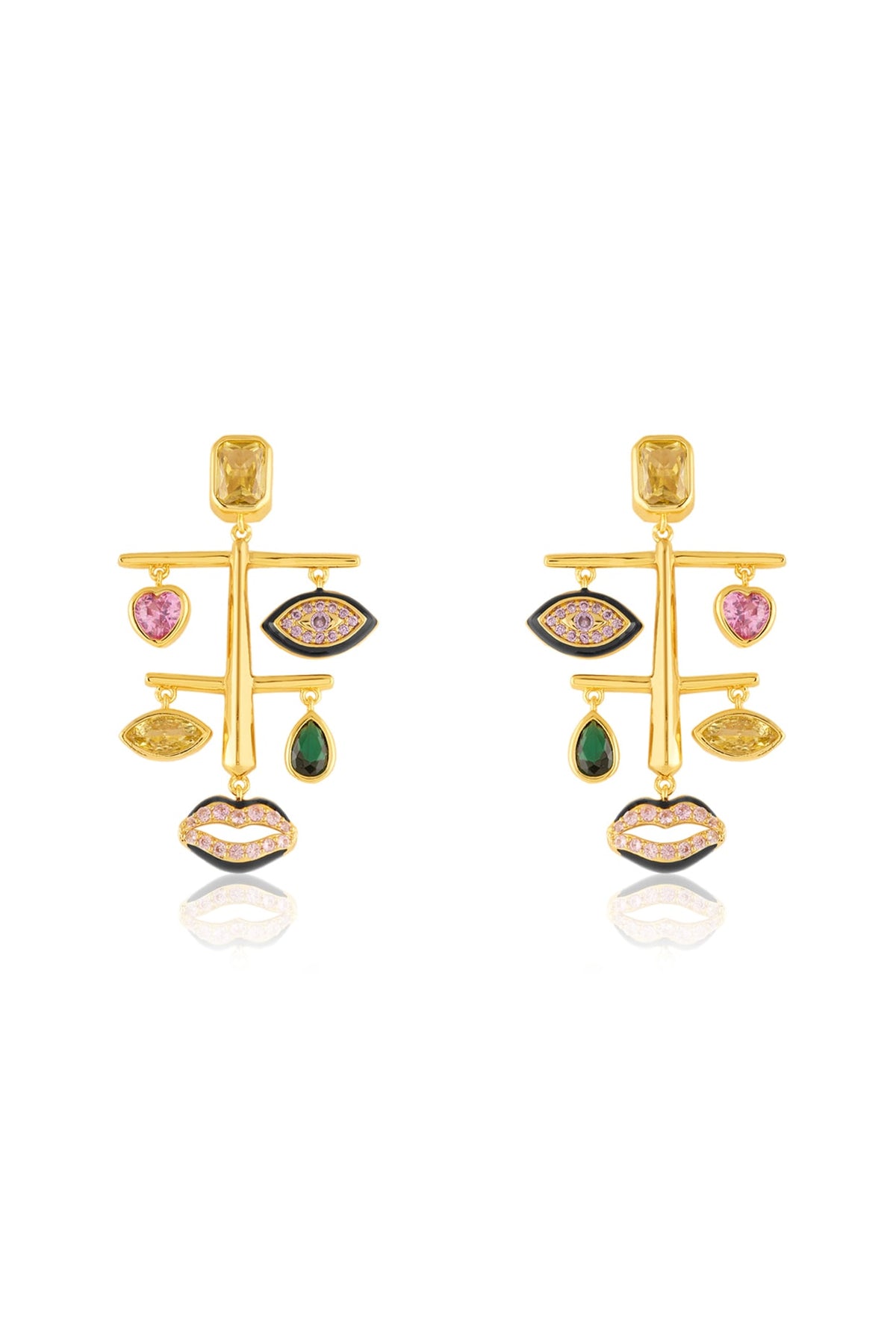Gold Plated Crystal Zirconia Multi-Colored Enameled Dangler Earrings