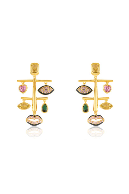 Gold Plated Crystal Zirconia Multi-Colored Enameled Dangler Earrings
