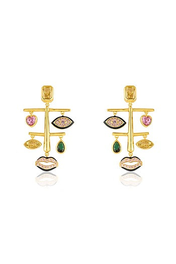 Gold Plated Crystal Zirconia Multi-Colored Enameled Dangler Earrings