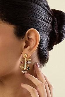 Gold Plated Crystal Zirconia Multi-Colored Enameled Dangler Earrings