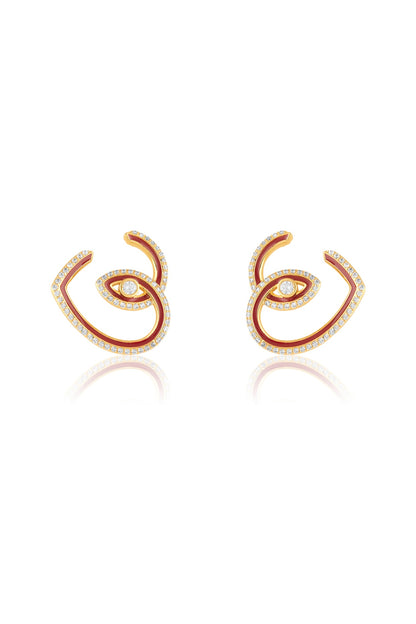 Gold Plated Crystal Zirconia Red Enameled Hoop Earrings