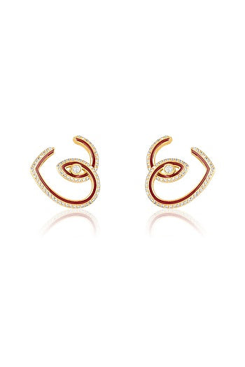 Gold Plated Crystal Zirconia Red Enameled Hoop Earrings