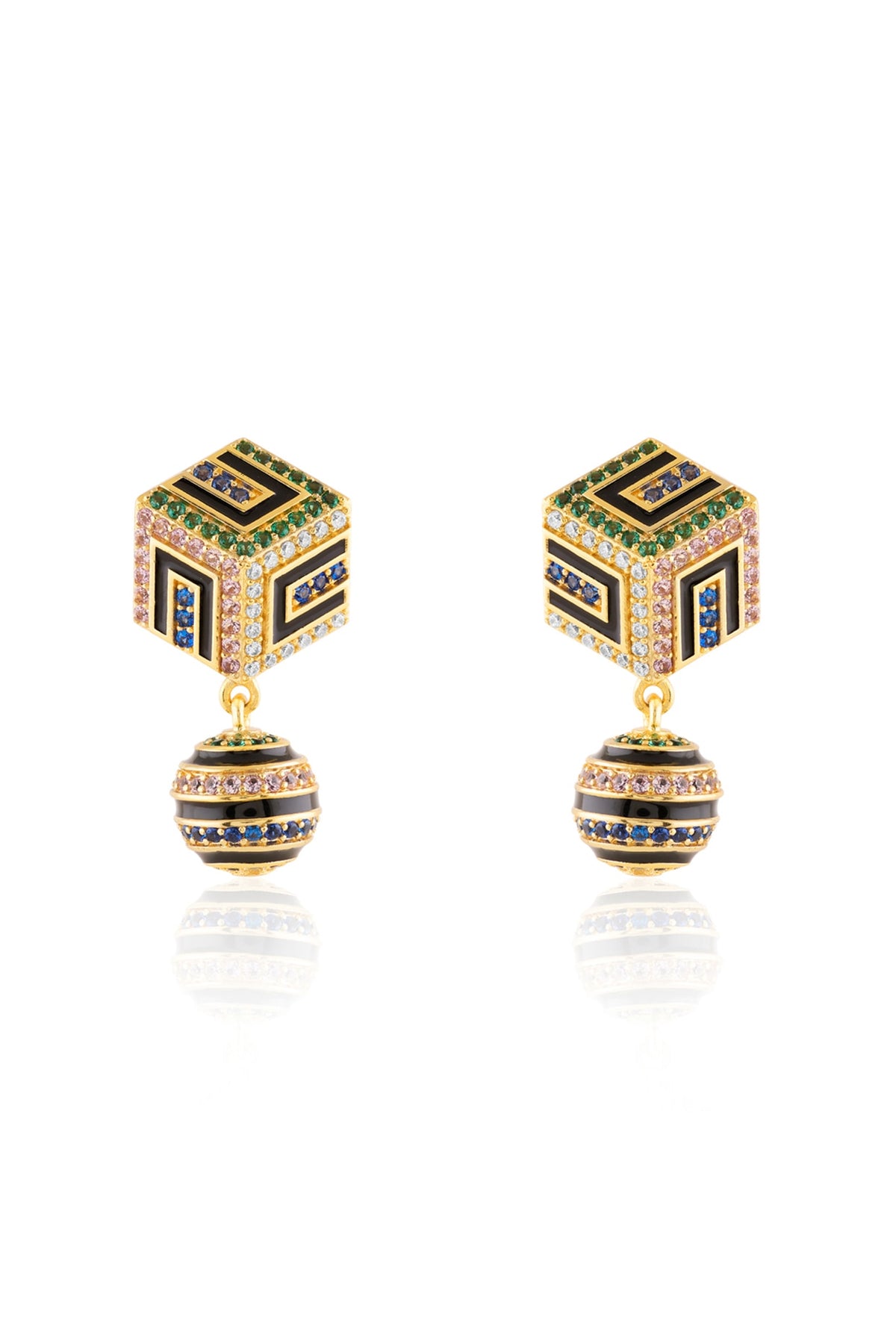 Gold Plated Crystal Zirconia Multi-Colored Enameled Dangler Earrings
