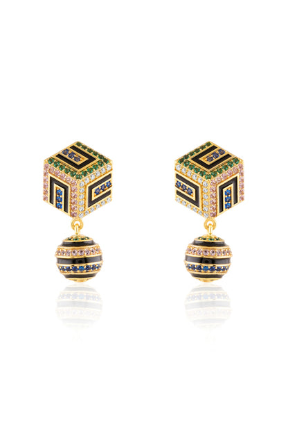 Gold Plated Crystal Zirconia Multi-Colored Enameled Dangler Earrings