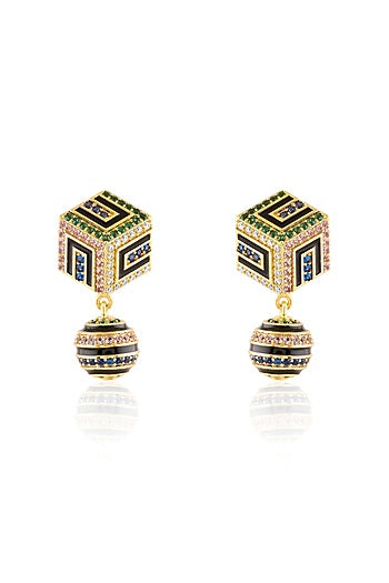 Gold Plated Crystal Zirconia Multi-Colored Enameled Dangler Earrings