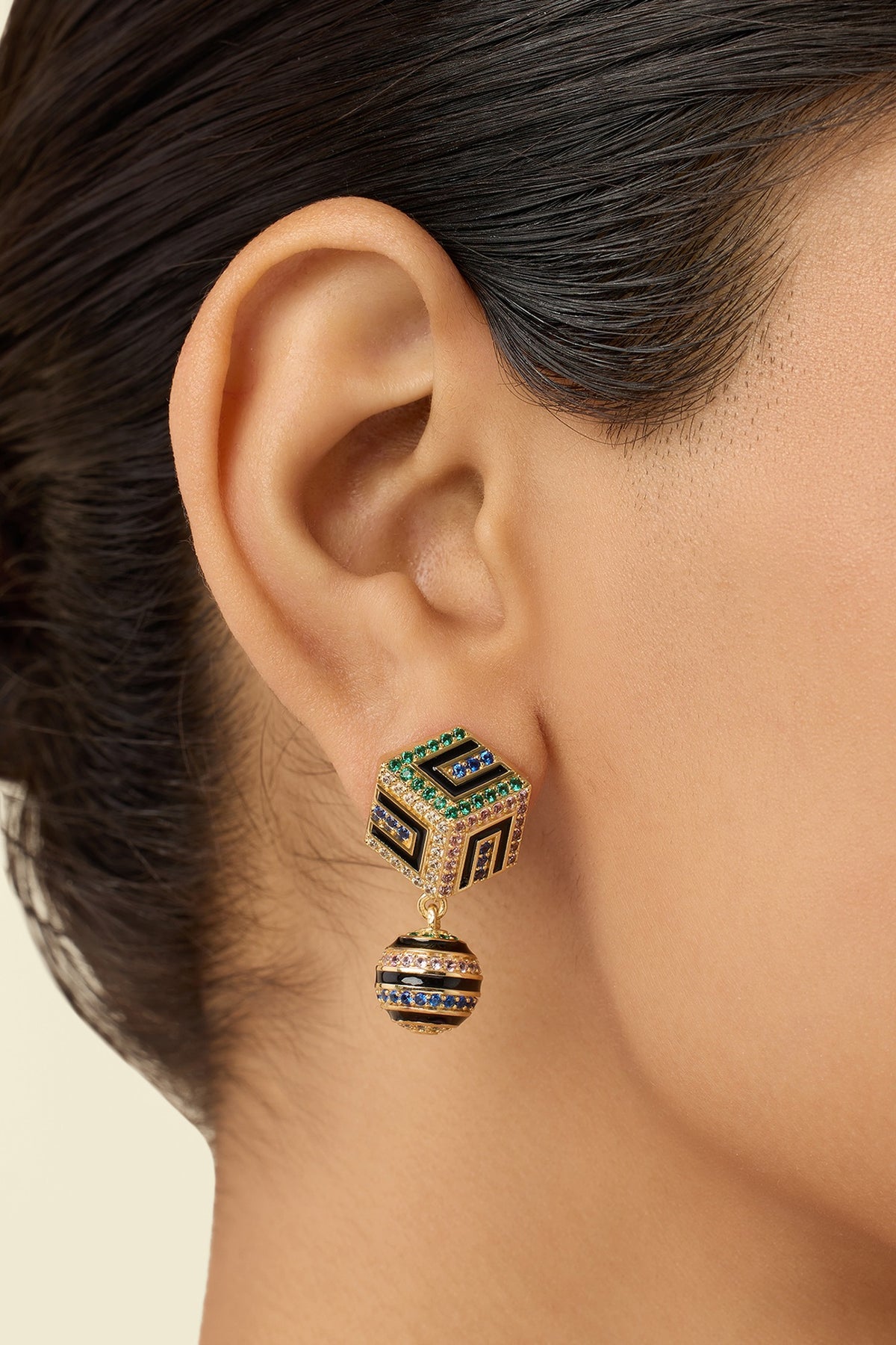 Gold Plated Crystal Zirconia Multi-Colored Enameled Dangler Earrings