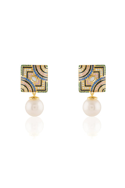 Gold Plated Crystal Zirconia Multi-Colored Enameled Dangler Earrings