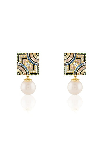 Gold Plated Crystal Zirconia Multi-Colored Enameled Dangler Earrings