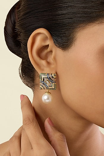 Gold Plated Crystal Zirconia Multi-Colored Enameled Dangler Earrings