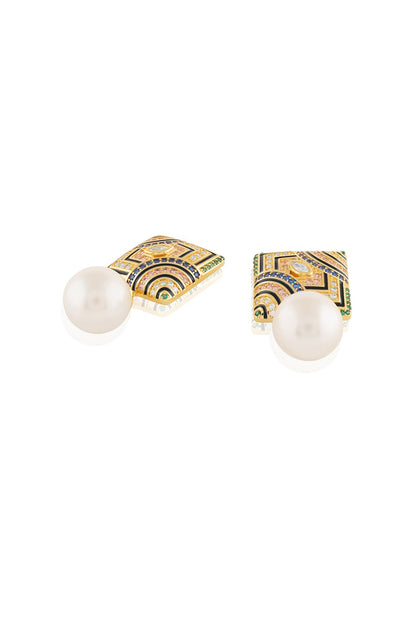 Gold Plated Crystal Zirconia Multi-Colored Enameled Dangler Earrings