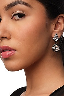 Black Rhodium Finish White Crystal Enameled Dangler Earrings