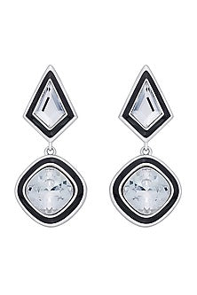 Black Rhodium Finish White Crystal Enameled Dangler Earrings