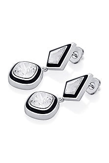 Black Rhodium Finish White Crystal Enameled Dangler Earrings