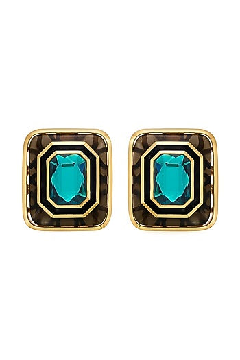 Gold Plated Green Crystal Enameled Stud Earrings