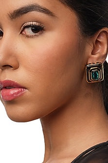 Gold Plated Green Crystal Enameled Stud Earrings