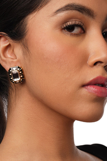 Gold Plated Black Crystal Enameled Stud Earrings