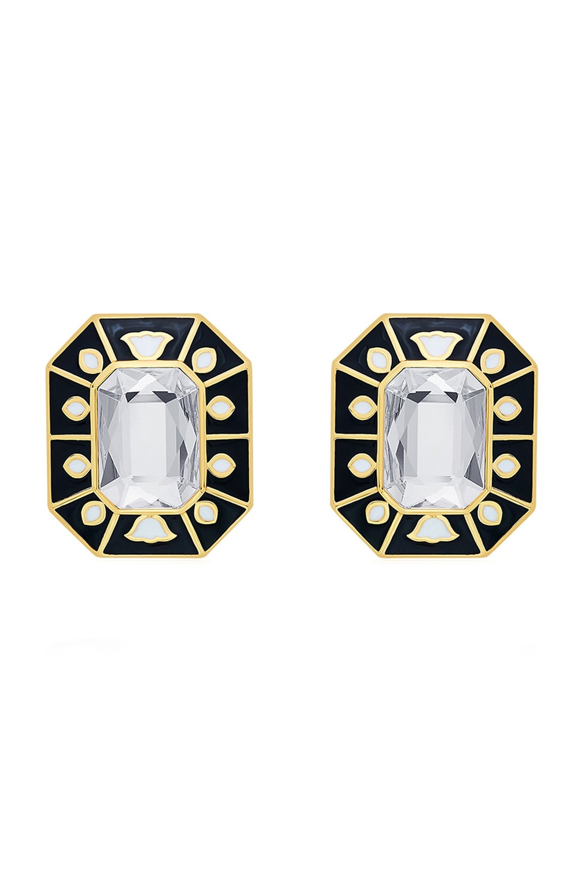 Gold Plated Black Crystal Enameled Stud Earrings
