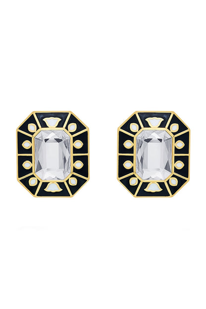 Gold Plated Black Crystal Enameled Stud Earrings