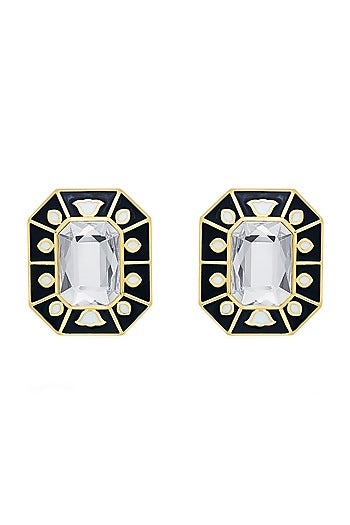 Gold Plated Black Crystal Enameled Stud Earrings