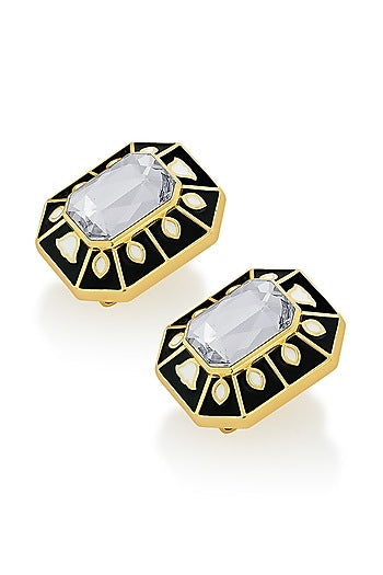 Gold Plated Black Crystal Enameled Stud Earrings