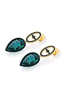 Gold Plated Green Crystal Enameled Dangler Earrings