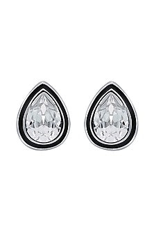 Black Rhodium Finish White Crystal Enameled Stud Earrings