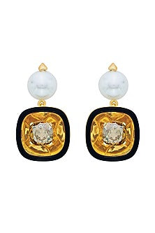 Gold Plated Crystal & Pearl Enameled Dangler Earrings