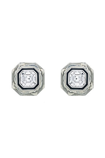Black Rhodium Finish White Crystal Enameled Stud Earrings
