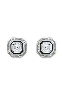 Black Rhodium Finish White Crystal Enameled Stud Earrings