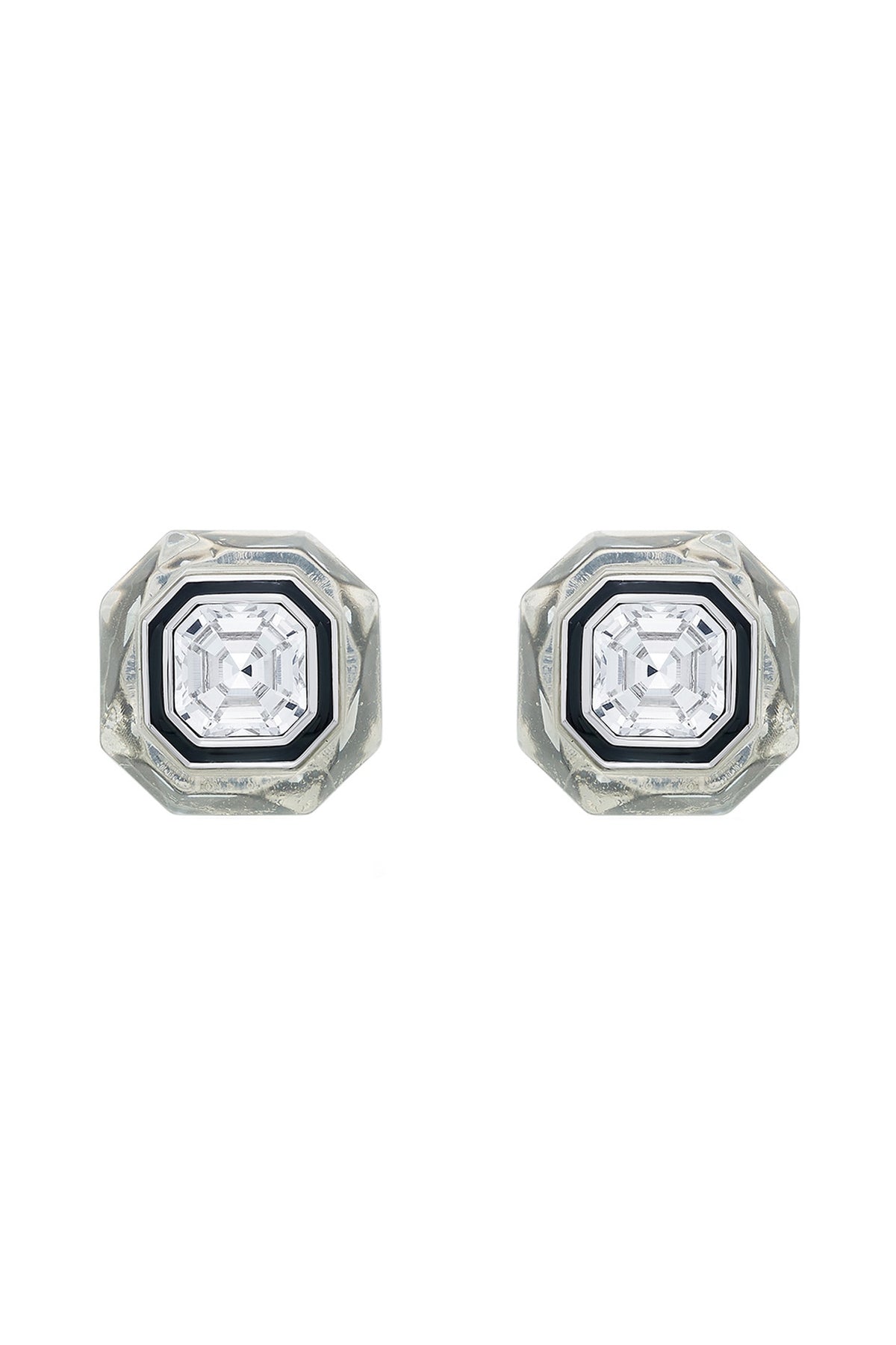 Black Rhodium Finish White Crystal Enameled Stud Earrings