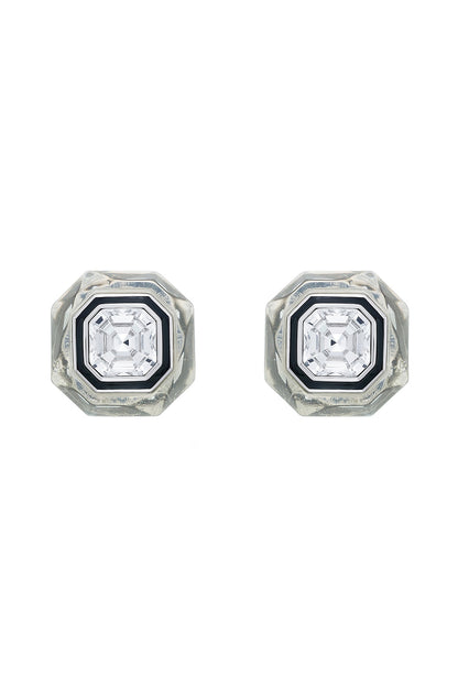 Black Rhodium Finish White Crystal Enameled Stud Earrings