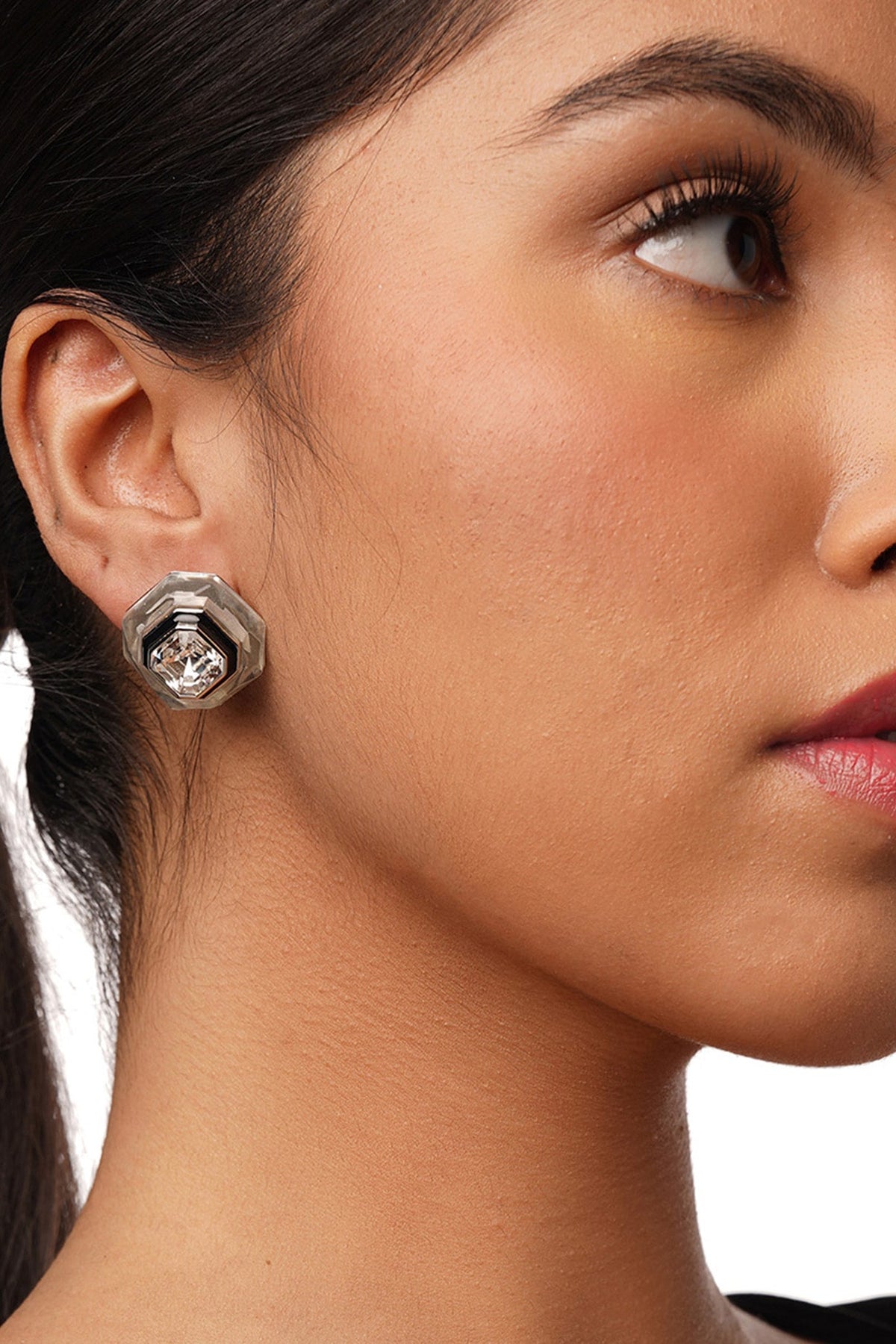 Black Rhodium Finish White Crystal Enameled Stud Earrings