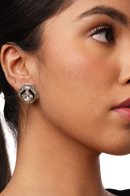 Black Rhodium Finish White Crystal Enameled Stud Earrings