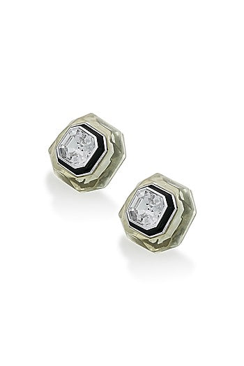 Black Rhodium Finish White Crystal Enameled Stud Earrings
