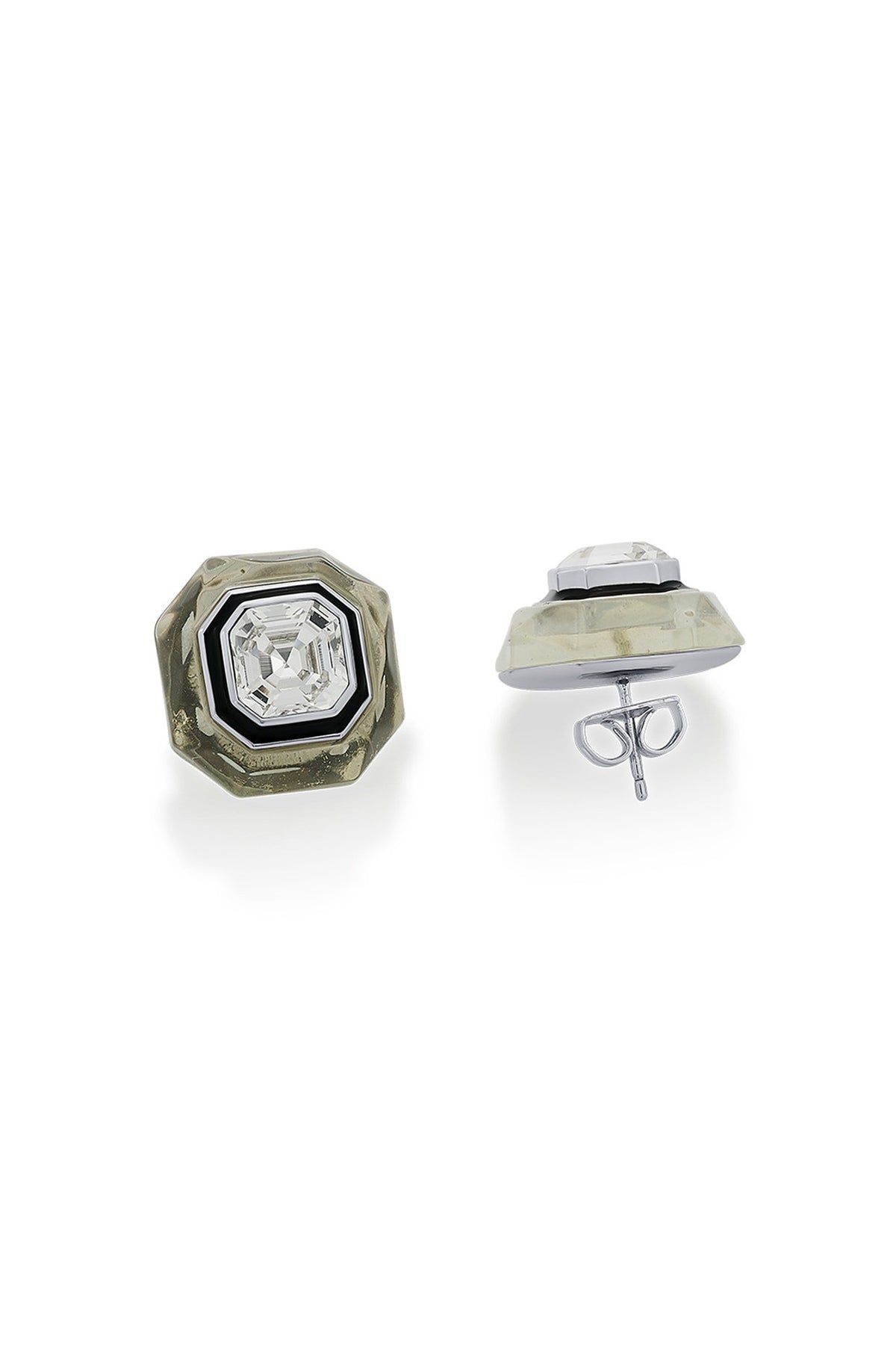 Black Rhodium Finish White Crystal Enameled Stud Earrings