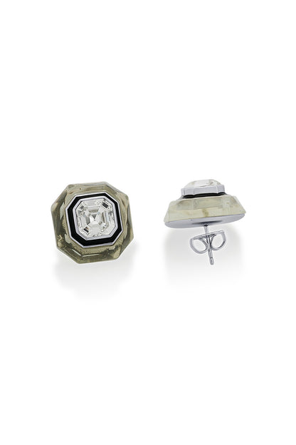 Black Rhodium Finish White Crystal Enameled Stud Earrings