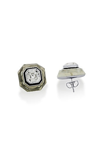 Black Rhodium Finish White Crystal Enameled Stud Earrings