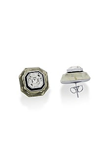 Black Rhodium Finish White Crystal Enameled Stud Earrings