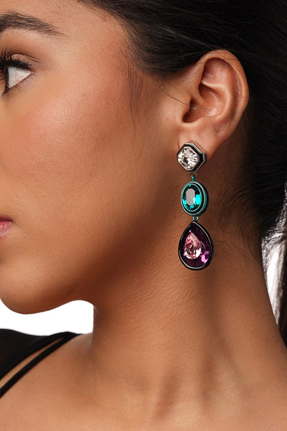 Black Rhodium Finish Multi-Colored Crystal Dangler Earrings