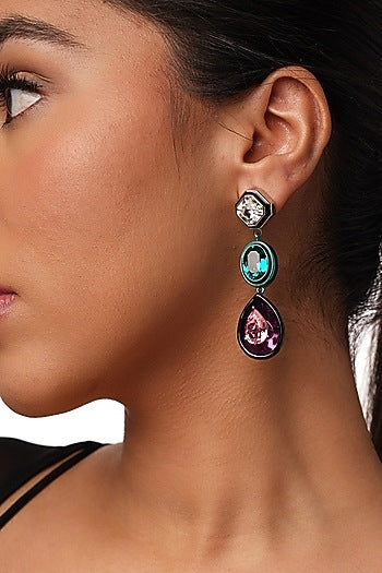 Black Rhodium Finish Multi-Colored Crystal Dangler Earrings