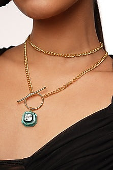 Gold Plated Green Crystal Enameled Toggle Necklace